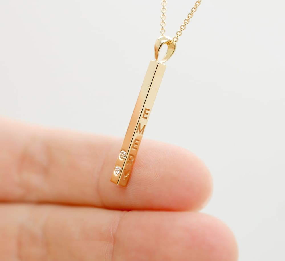 14k Gold Engraved Vertical Bar Necklace Side Long Bar Pendant