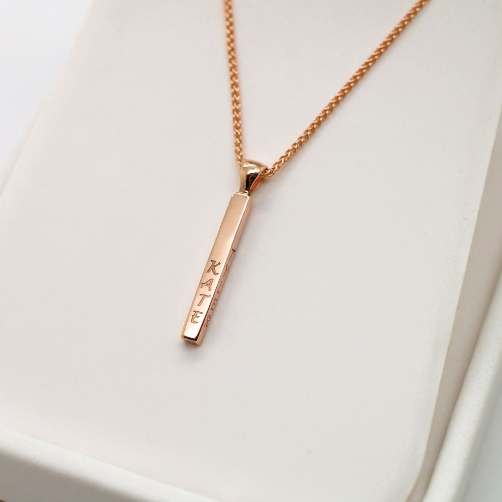 14k Solid Gold Vertical Bar Necklace, Personalized Skinny Bar 4 Sided Long Bar Pendant with 4 Names - Fine Jewelry by Anastasia Savenko