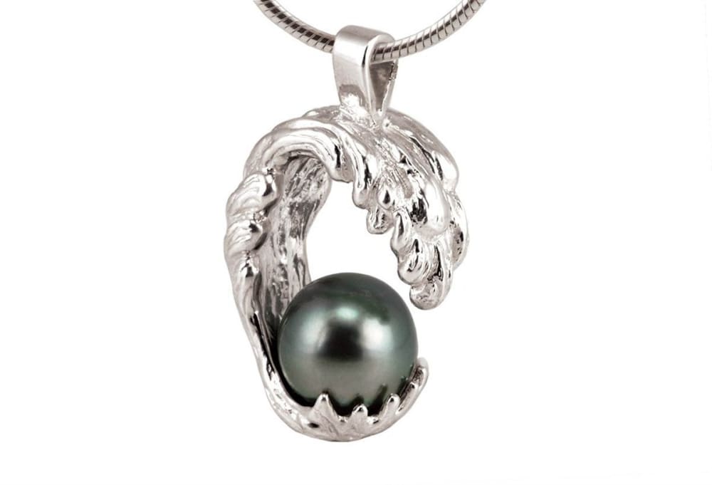 Ocean Wave Necklace With Black Tahitian Pearl Sterling Silver