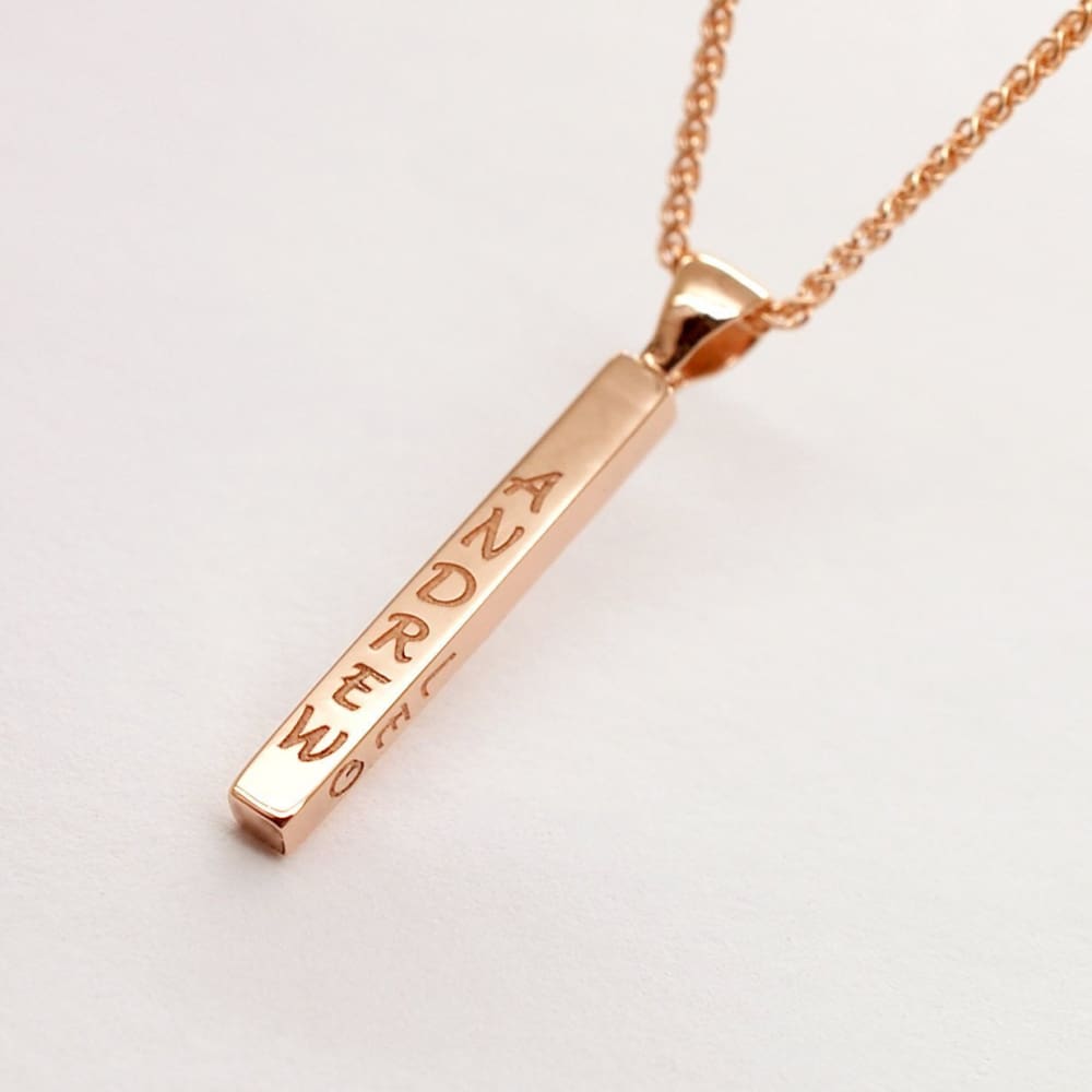14k Solid Gold Vertical Bar Necklace, Personalized Skinny Bar 4 Sided Long Bar Pendant with 4 Names - Fine Jewelry by Anastasia Savenko