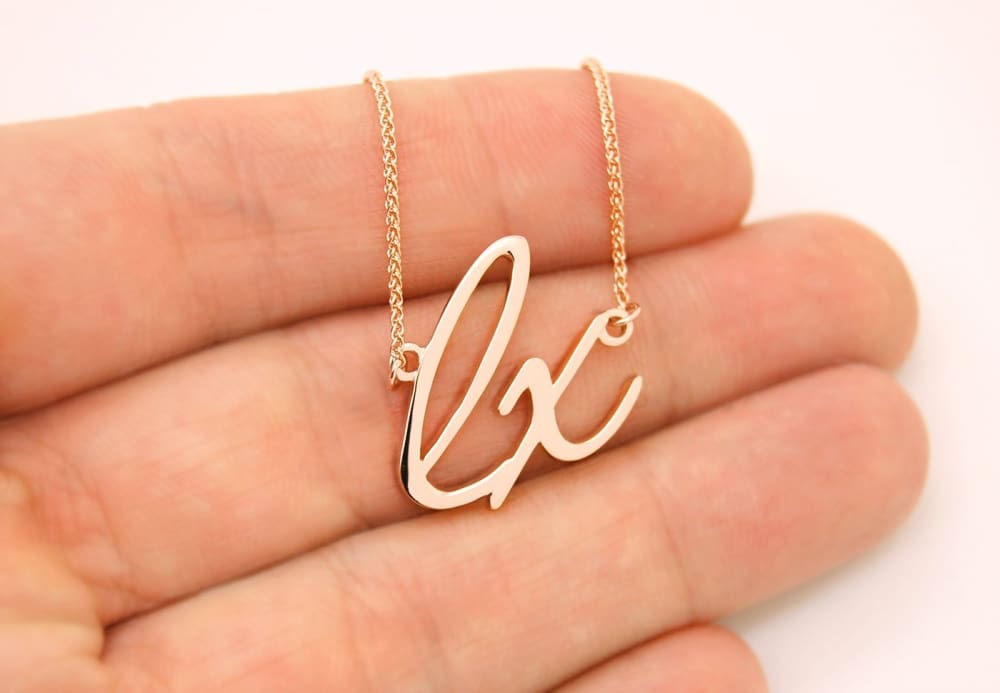 Rose Gold  2 Initials Cursive Necklace 14K Solid Gold  Cursive Letters Necklace - Fine Jewelry by Anastasia Savenko