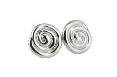 Two silver earrings with spiral designs are shown against a white background.