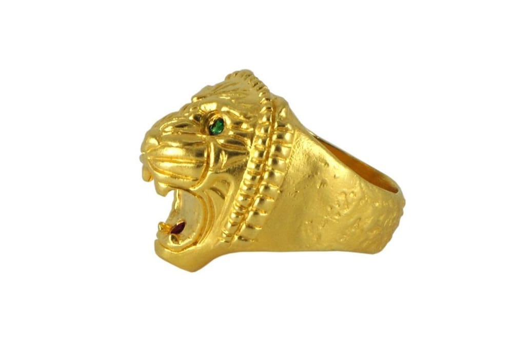 Assyrian Lion Ring: gold plated lion head with ruby mouth, green tsavorite eyes - Fine Jewelry by Anastasia Savenko