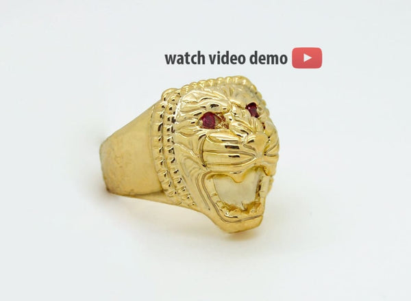 Assyrian Lion Ring: gold plated lion head with ruby mouth, green tsavorite eyes