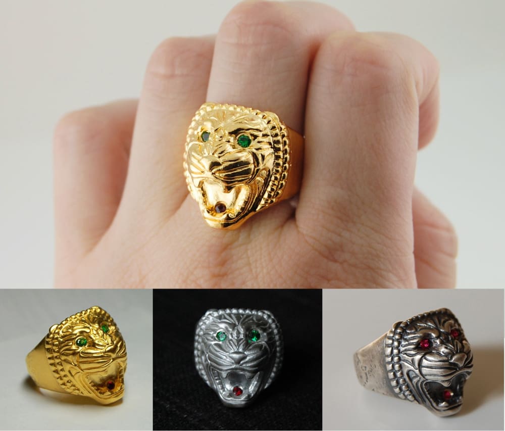 Assyrian Lion Ring: gold plated lion head with ruby mouth, green tsavorite eyes - Fine Jewelry by Anastasia Savenko