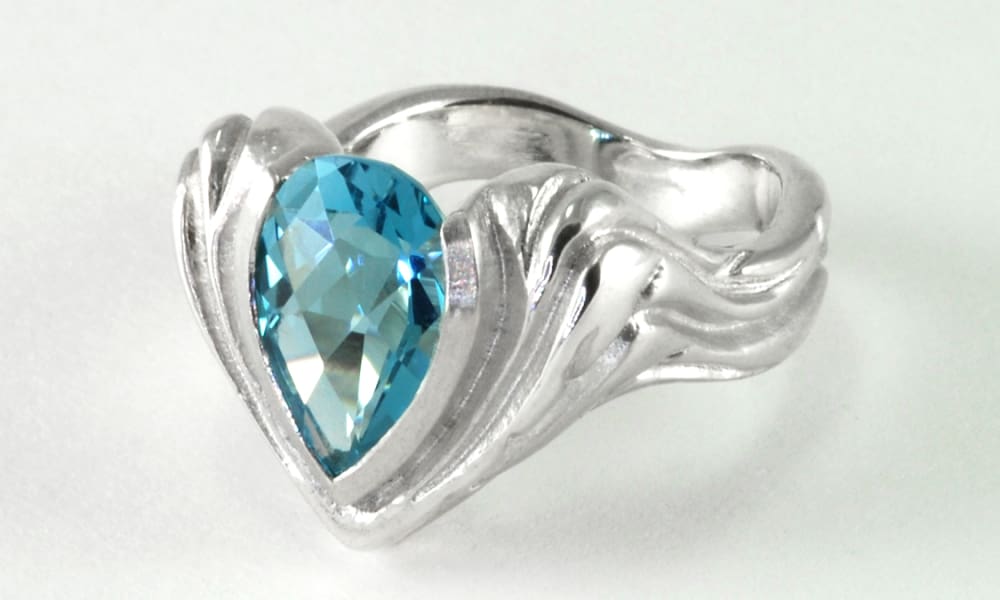 Dew Drop Ring: Platinum Silver With Blue Topaz Water Drop - Fine Jewelry by Anastasia Savenko