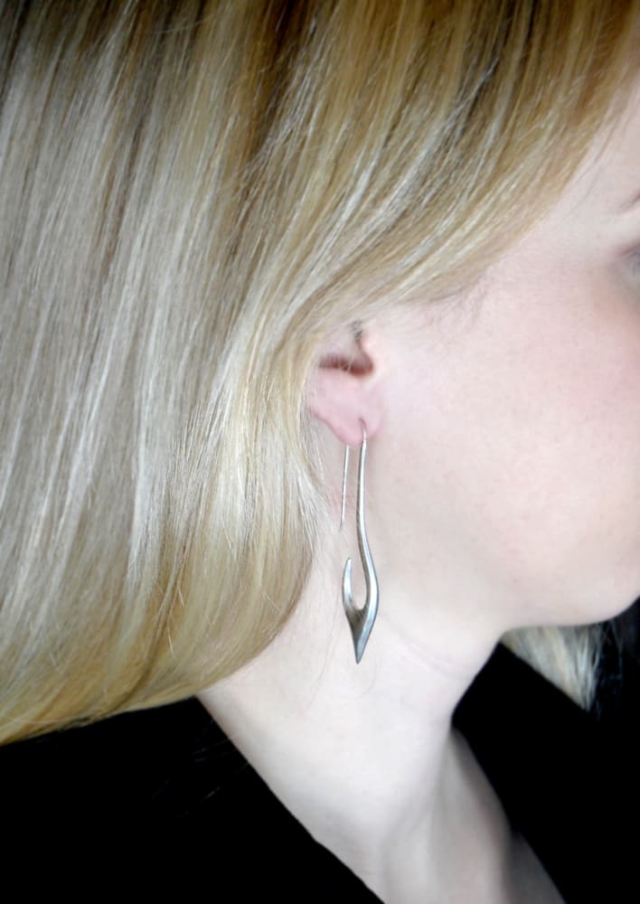 Fish hook earrings: brushed sterling silver long earrings – Fine