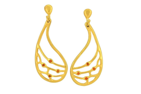 Fly wing earrings: brushed gold plated dangle earrings with posts
