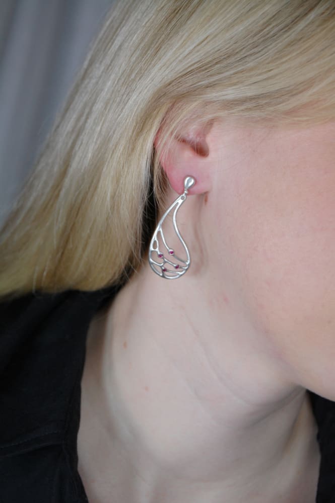 Matte silver earrings with gemstones: insect wing pattern - Fine Jewelry by Anastasia Savenko