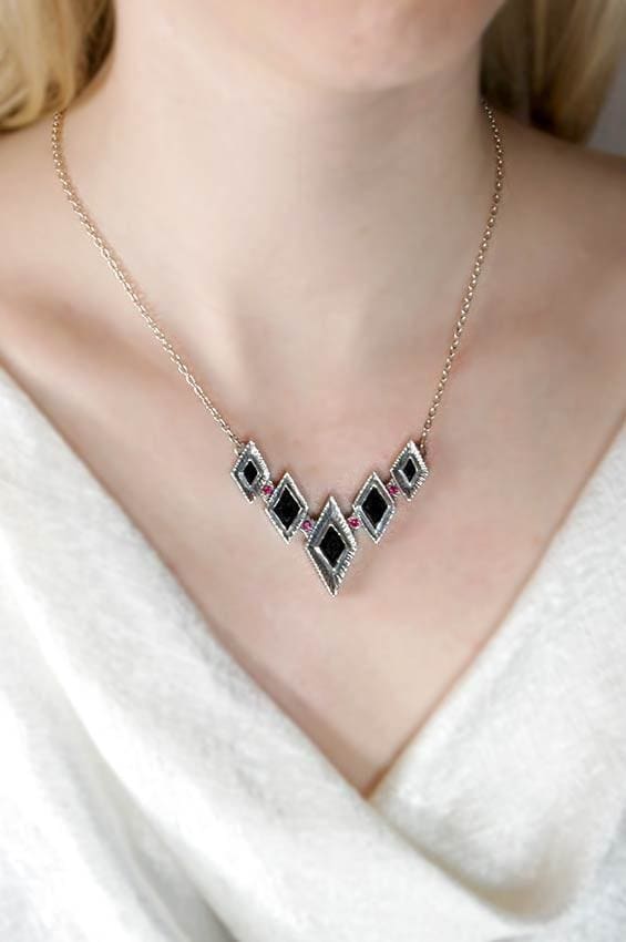 Medieval V-Shaped Black Gemstone Necklace, Sterling Silver - Fine Jewelry by Anastasia Savenko