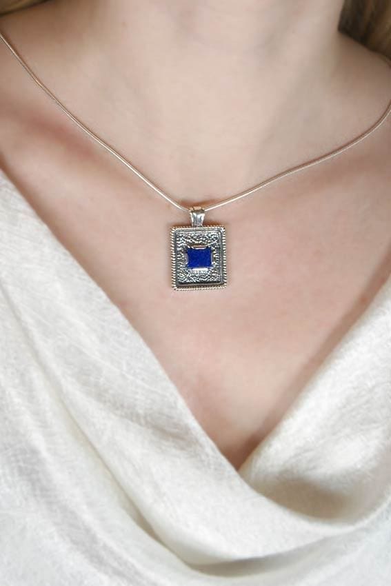Rectangle pendant necklace: oxidized sterling silver with blue lapis lazuli - Fine Jewelry by Anastasia Savenko