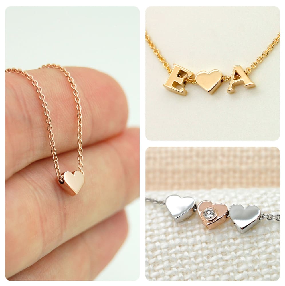 Solid 14K Gold Tiny Heart Necklace add Small Initial Charms custom necklace