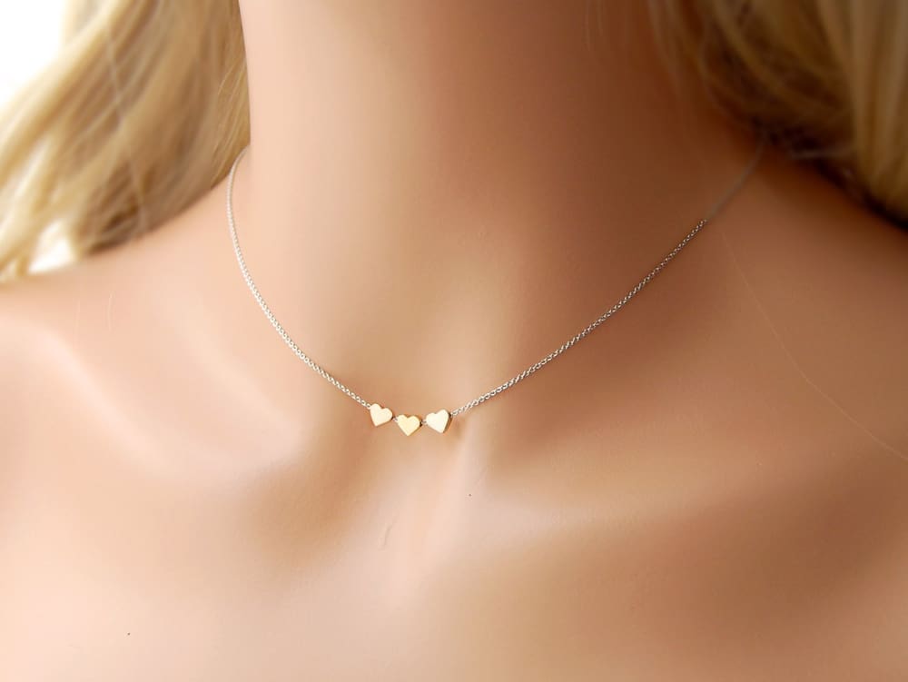 18K Gold Cute Heart Necklace Double Tiny Heart Pendant Choker Necklaces Small Gold Heart Chain Necklace for Women Dainty Gold Necklace Simple Tiny