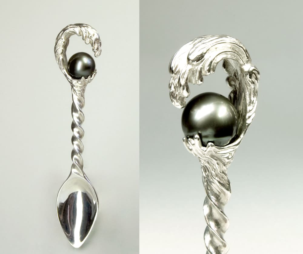 Sterling silver baby spoon: tahitian pearl in a silver wave - Fine Jewelry by Anastasia Savenko