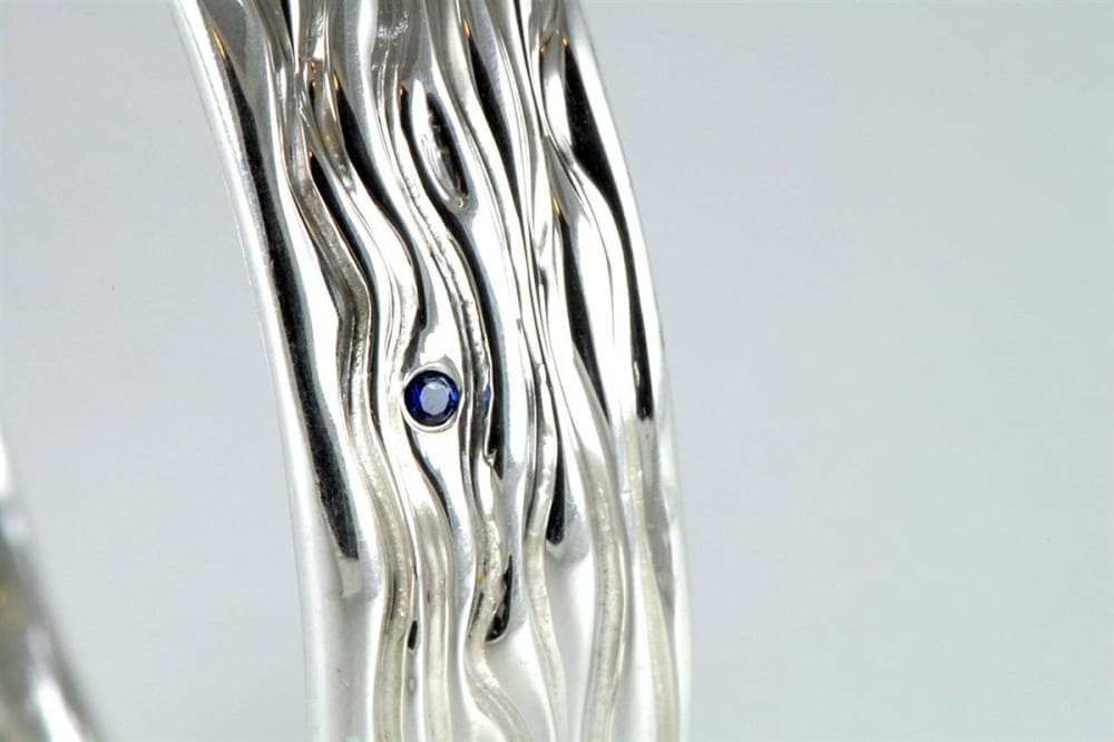 Sterling Silver Bangle Bracelet With Six Small Blue Sapphires - Fine Jewelry by Anastasia Savenko