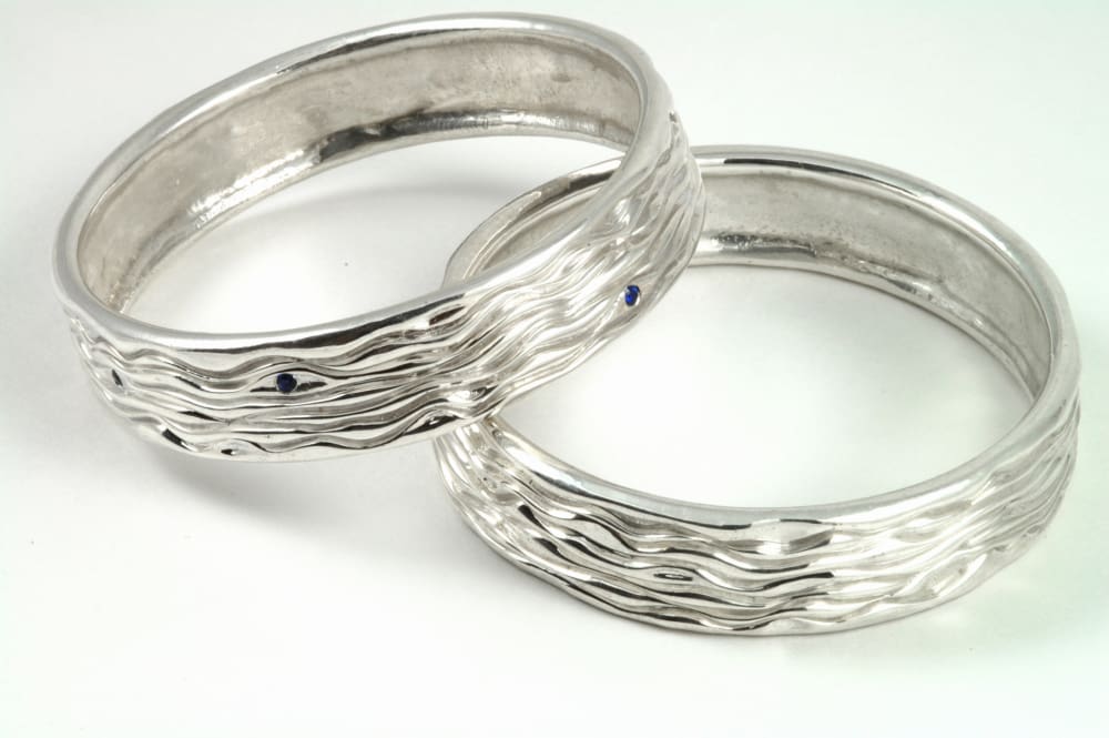 Sterling Silver Bangle Bracelet With Six Small Blue Sapphires - Fine Jewelry by Anastasia Savenko