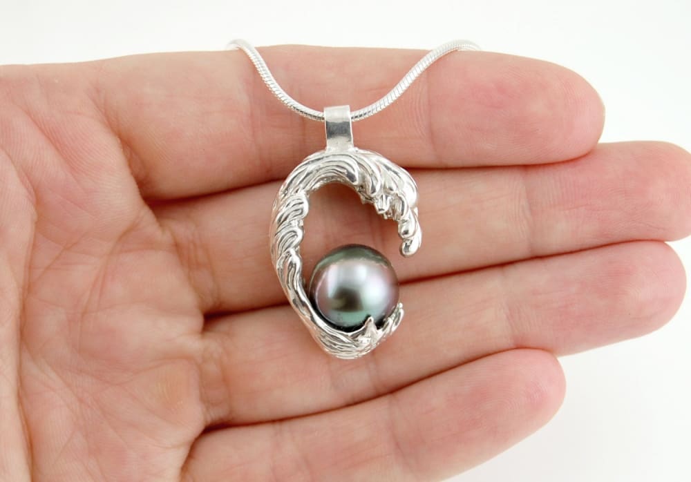 Wave Necklace, Wave Pendant, Sculptural Necklace Sterling Silver Wave with Tahitian Pearl - Fine Jewelry by Anastasia Savenko