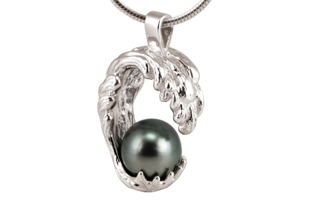 Wave Necklace, Wave Pendant, Sculptural Necklace Sterling Silver Wave with Tahitian Pearl - Fine Jewelry by Anastasia Savenko